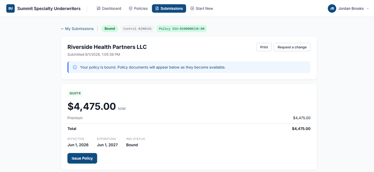 Producer Portal showing a live IMS-rated quote ready to accept and bind